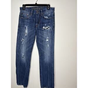 American Eagle Mens Size 28x30 Slim Straight Med Wash Destroyed Jeans FLAW